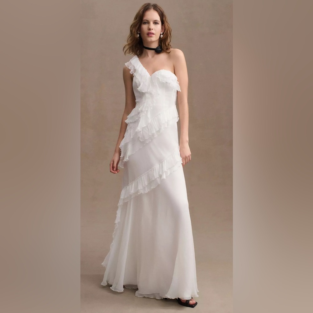 AMUR White Ruffled Tiered One Shoulder Gown